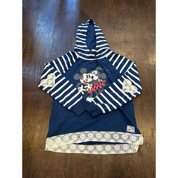 Nwt Disney Parks Sweatshirt Women Mickey Minnie Blue Striped Hoodie Pullover b41 - Picture 1 of 3